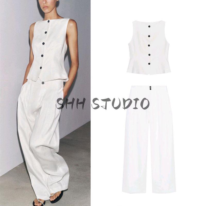 Linen Blended Cropped Short Skirt Hem Vest 3748330 Pleated Mid-Waist Wide Faded Pants 3218330