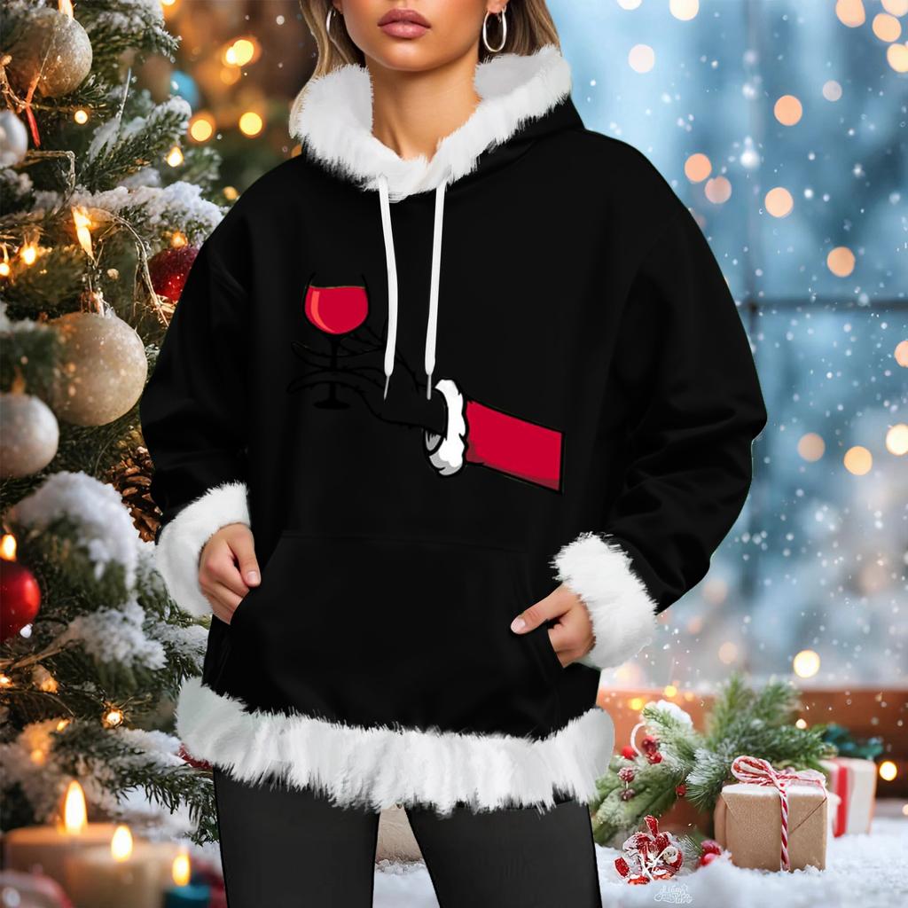 Women's Christmas Casual Fleece-Lined Hoodie With Long Sleeves And Pockets Sweatshirt Top