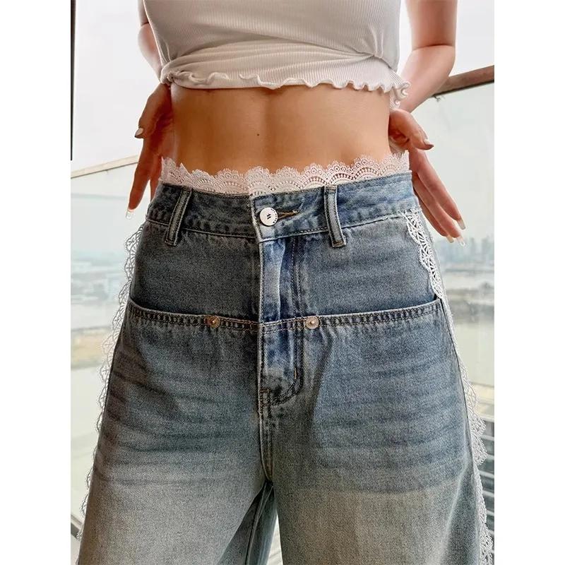 Women's Blue Lace Jeans Baggy Y2K Korean Edition Harajuku 2000s Streetwear Fashion Cute Academy Retro Jeans Pants Clothing 2025