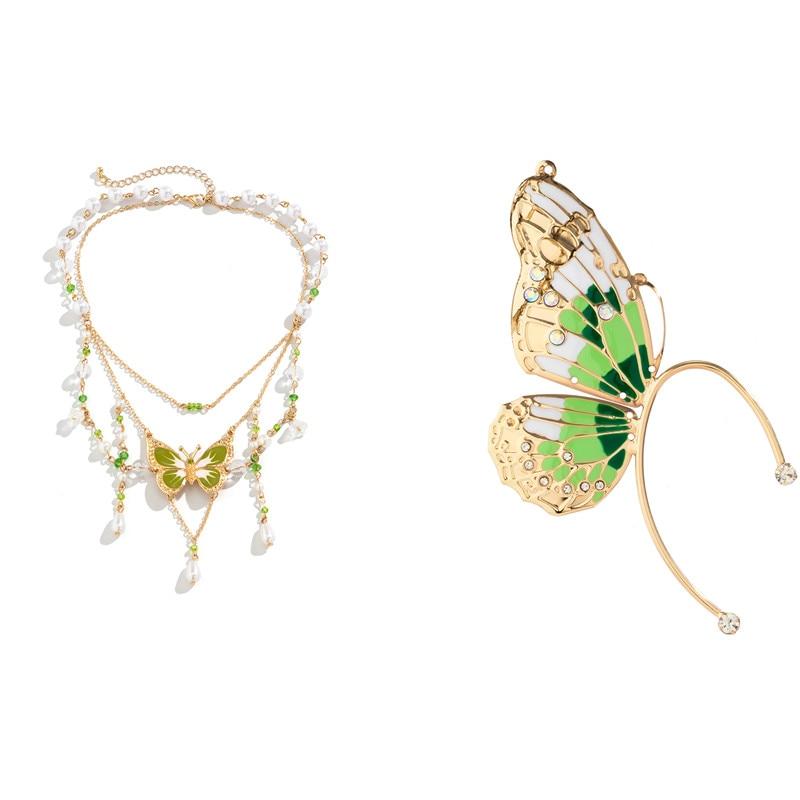 2Pcs Kpop Multilayer Lovely Butterfly Pendant Tassel Necklace Clip Earrings for Women Wed Bridal Exquisite Chain Y2K Jewelry Set