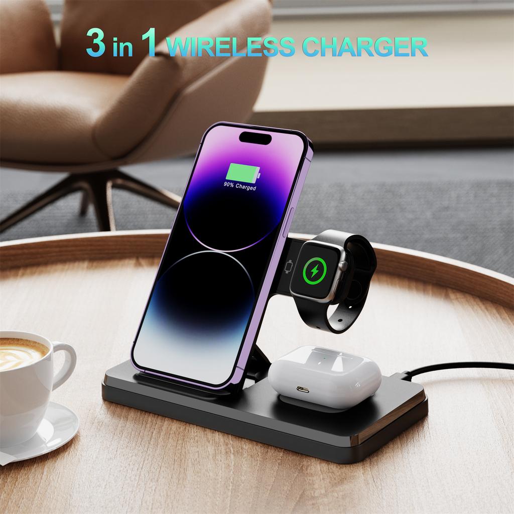 HT-514 3-in-1 Foldable Charging Dock 15W Wireless Charger for Phone/Watch/Earbuds