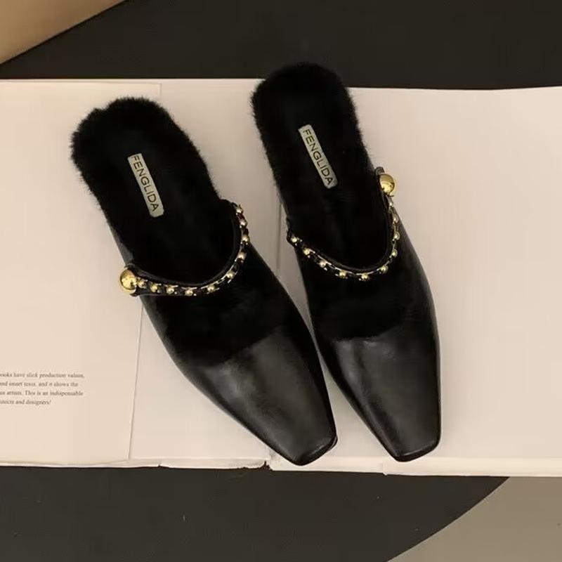 Меховые леопардовые женские мюли-тапочки с квадратным носком 2025 года, модные новые туфли на низком каблуке с открытой пяткой, зимняя обувь для активного отдыха Mujer Zapatos