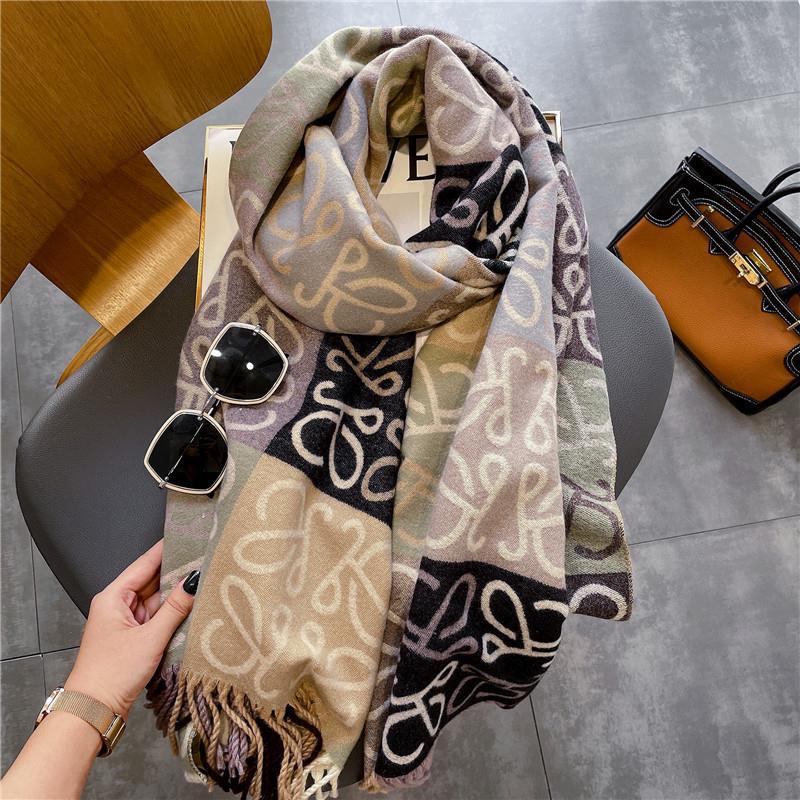 Autumn and Winter New Style Contrasting Color Splicing Checkered Brown Imitation Cashmere Warm Casual Scarf Women's Outer Shawl with Long Tassels