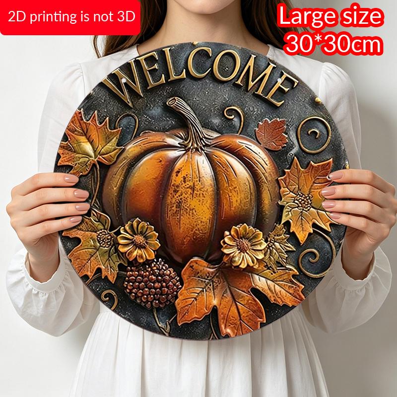 2D Flat, 1pc Fall Leaves Round Aluminum Sign, Pumpkin Round Aluminum Sign, Autumn Decor Metal Sign - Welcome Rustic Metal Wall Art, Wall Decor Signs