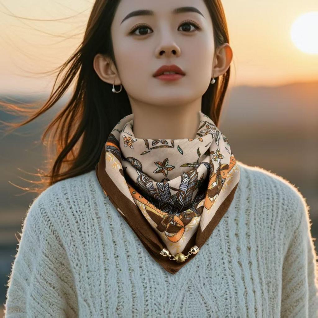 Luxury Design Magnetic Triangle Neck Protection Scarf For Women Cotton And Linen Scarf High-end Neck Scarf Spring Autumn Bandana