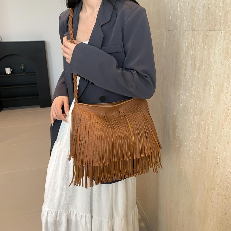 Ретро нишевая модная сумка женская новинка 2024 года, сумка с бахромой, фактура, повседневная, большой емкости, косая сумка через плечо