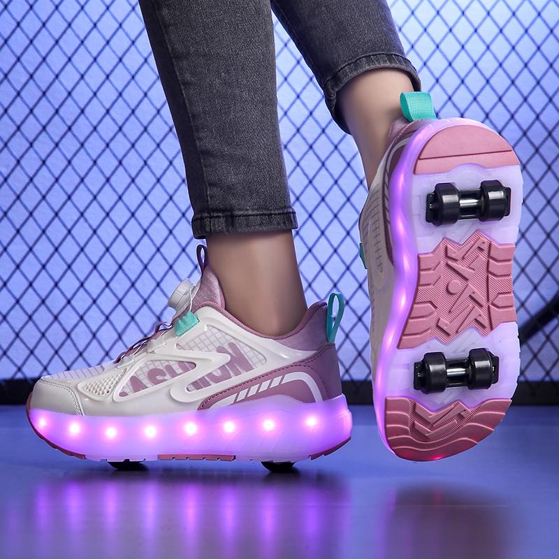 29-40 Мальчики Четырехколесные Кроссовки Съемные Туфли на Плоской Подошве Перезаряжаемые USB Светящиеся Спортивные Легкие Туфли Девочки Роликовые Коньки Обувь для Мальчиков