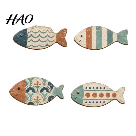 Coastal Wall Decor 4PCS Rustic Wooden Fish Decor, Mediterranean Style Hanging Plaques, Blue Bathroom Plaques And Brown Finish Nautical Seaside Art for
