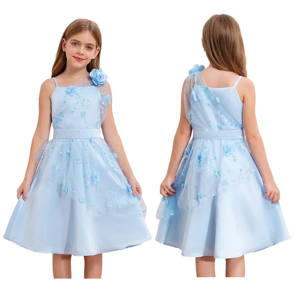 Платье из тюля для девочек на день рождения, украшенное стразами, для свадебной вечеринки, детское синее платье, элегантное шикарное вечернее платье без рукавов с бантом и бретелькой через шею