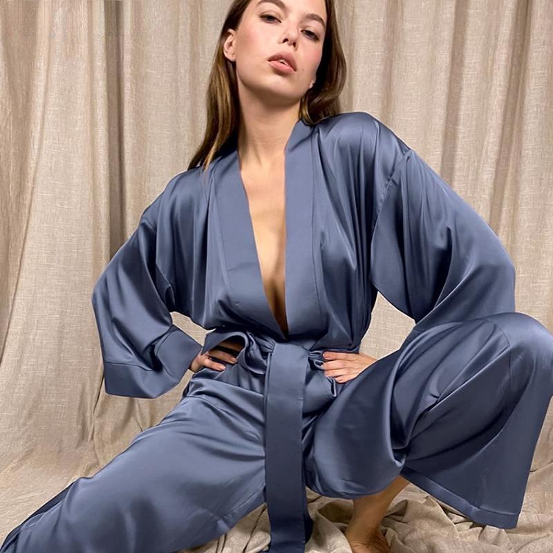 Атласная пижама женская, корейская ретро, элегантные классические топы с галстуком и брюки, однотонный домашний кардиган, комплект, свободный шик