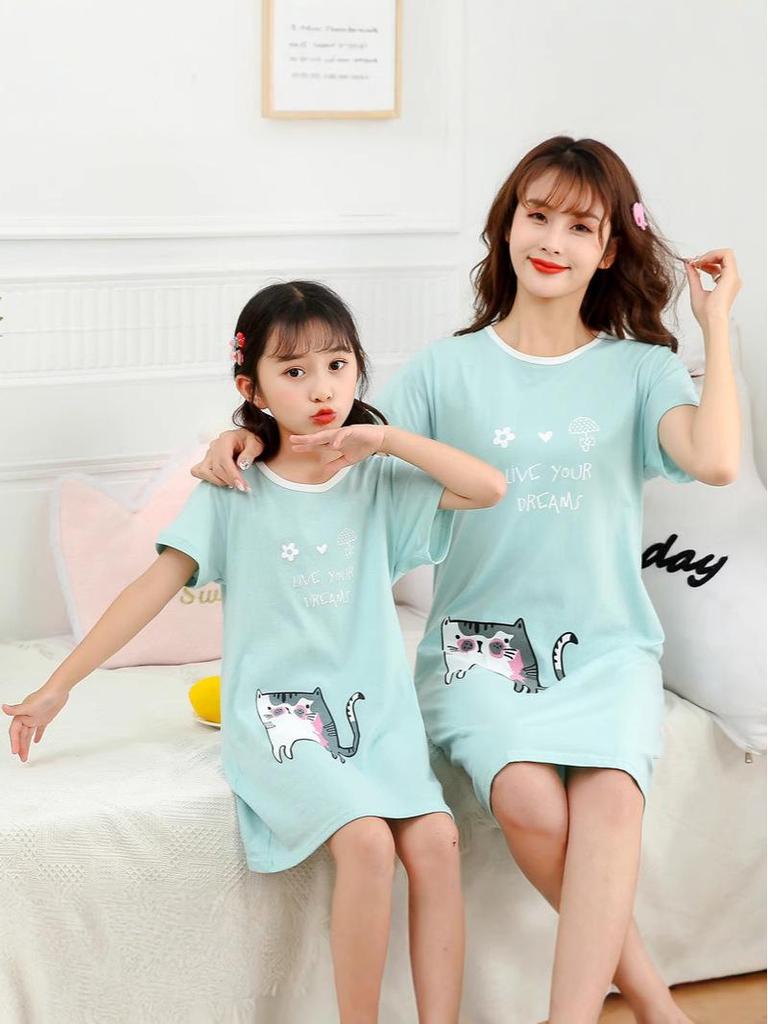 Girls' Summer Cartoon Short Sleeve Pajamas - Cute Parent-Child Cotton Nightdress