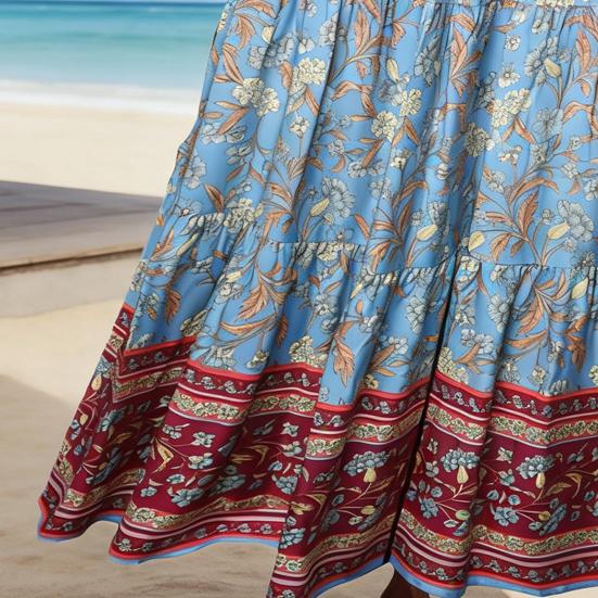 Пляжная юбка на резинке с высокой талией, А-силуэта, женская, с оборками, вставками, плиссированная, с широким подолом, с цветочным принтом, макси-юбка, летняя, для повседневной носки