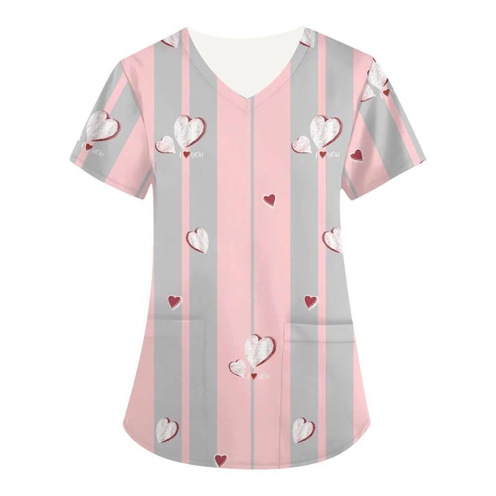 Женские скрабы, топы, униформа медсестры, футболка с сердечком и 3d принтом, женский модный комбинезон с v-образным вырезом и карманами, медицинская униформа, рабочая одежда