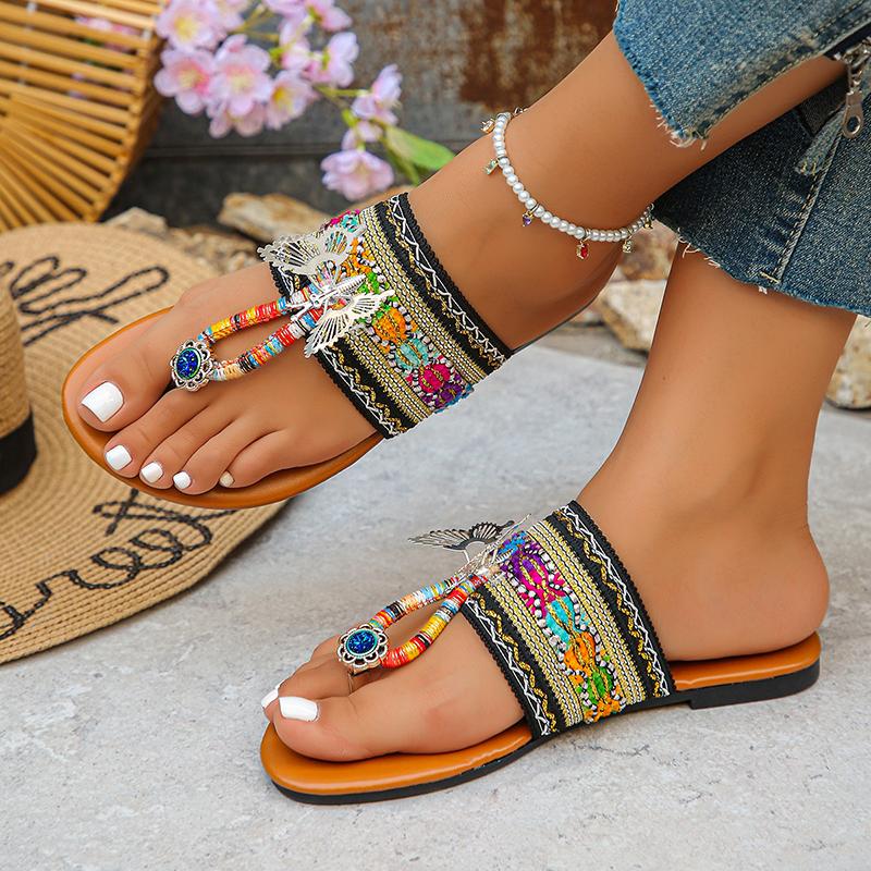 Fashion Butterfly Decor Clip Toe Women Slippers Bohemian Colorful Knitting Flat Sandals Woman Summer Comfort Non Slip Beach Flip Flops