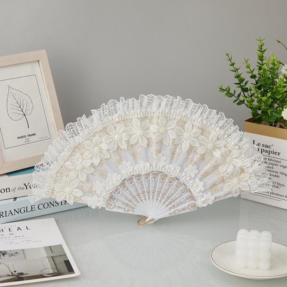 Белый кружевной складной веер в стиле ретро, придворный стиль, свадебный ручной веер, украшение для дома, кружевной ручной веер в стиле Лолиты, подарок