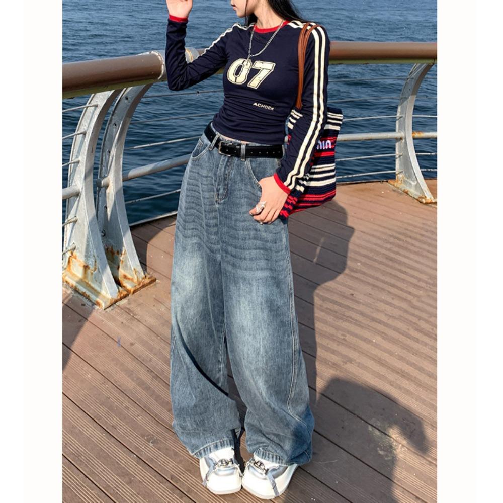 Ретро джинсы с высокой посадкой и широкими штанинами, драпирующиеся женские брюки на осень и зиму, свободный дизайн, модные брюки в пол