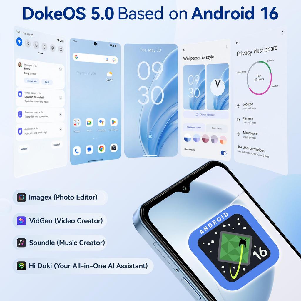 Blackview Смартфон Wave 7C Android 16, 16 ГБ ОЗУ + 64 ГБ ПЗУ(TF 2 ТБ) Смартфон 5000 мАч, 6,56-дюймовый HD+ экран, Камера 32 Мп + 13 Мп, Две SIM-карты/Gemini AI/GPS
