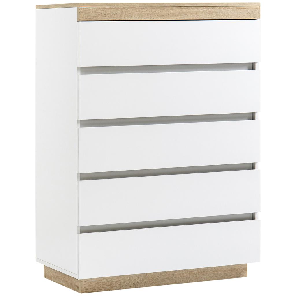 Chest of 5 Drawers Minimal in Wood, 80x40x109 cm, White and Oak Color