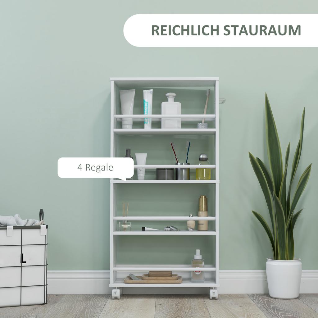 Multifunctional Shelf with Casters, Narrow Design, 4 Compartments, 45x15x91 cm, White