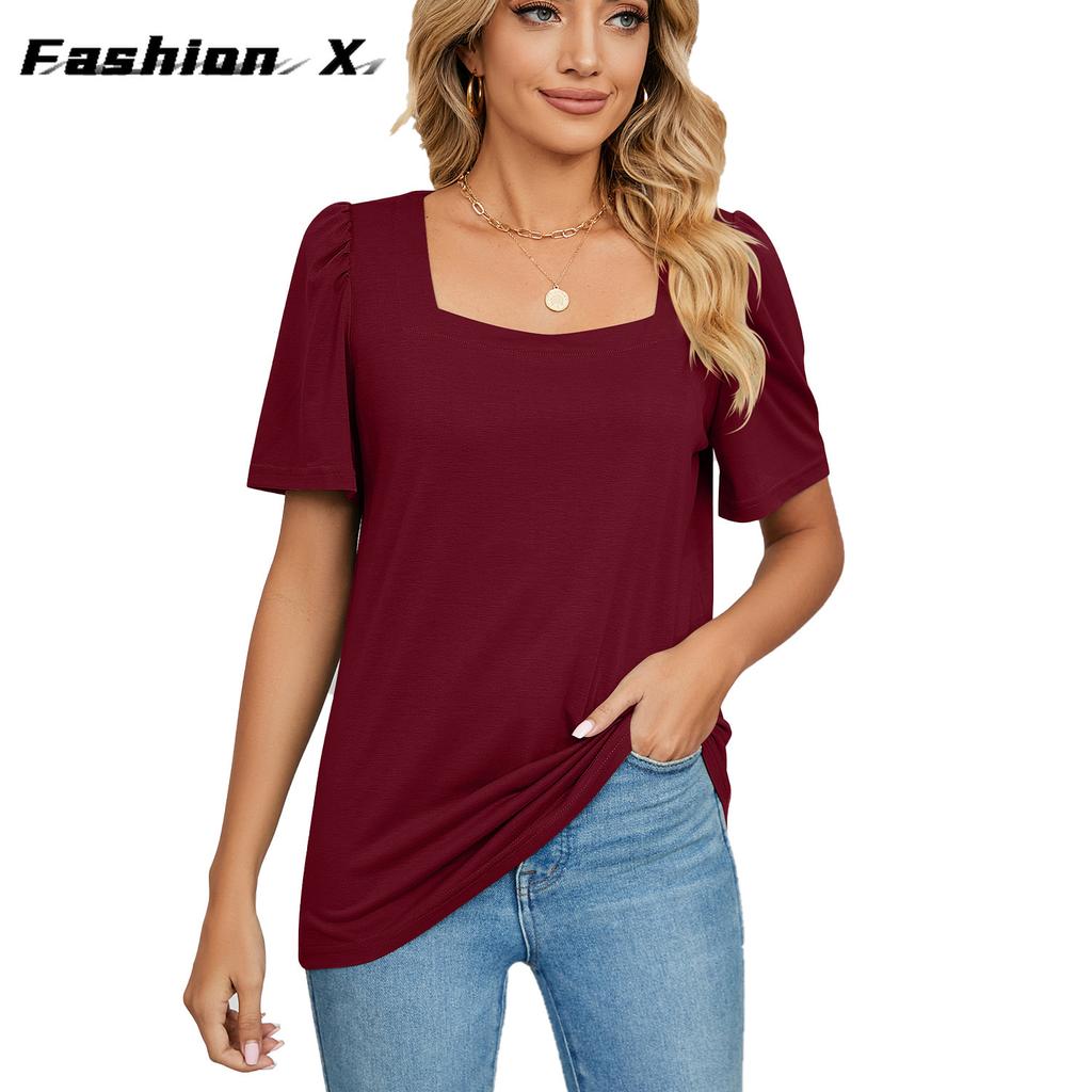 Весенне-летняя новая однотонная свободная футболка с квадратным вырезом и короткими рукавами, вязаные топы женские