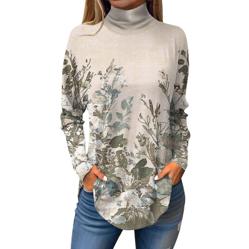Women's Fashionable Casual High Neck Printed Long Sleeve T-Shirt Pullover Top