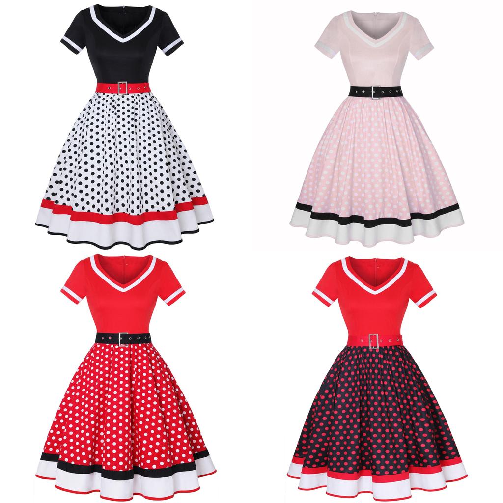 Vintage Polka Dot V Neck Maxi Dress With Piping For Evening Wear