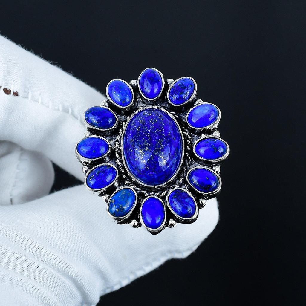 Кольцо с натуральным лазуритом, кольцо из стерлингового серебра 925 пробы, подарок для нее, овальный камень, элегантное кольцо ручной работы, серебряное кольцо с лазуритом в виде цветка, подарок