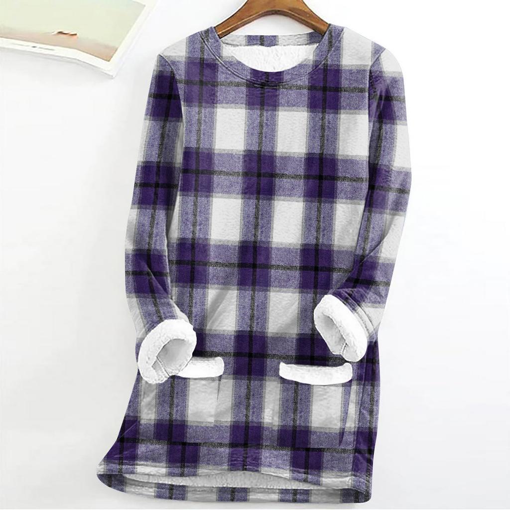 Women's Fashion Plaid Print Round Neck Long Sleeve Plush Winter Warm Pullover Top