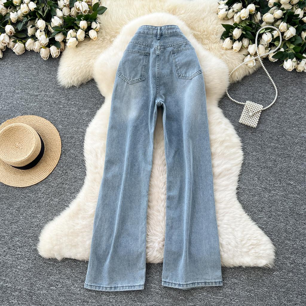 Женские модные вышитые прямые джинсы с высокой талией, повседневные джинсы полной длины с карманом