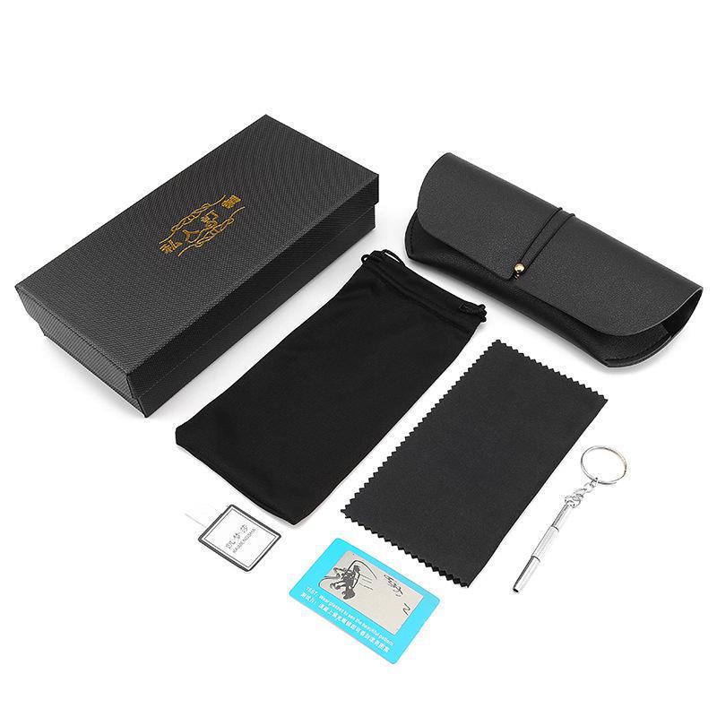 Luxury Leather Eyeglass Kit: Soft Case, Cleaning Cloth, Pouch, Screwdriver, Strap, and Buckle.