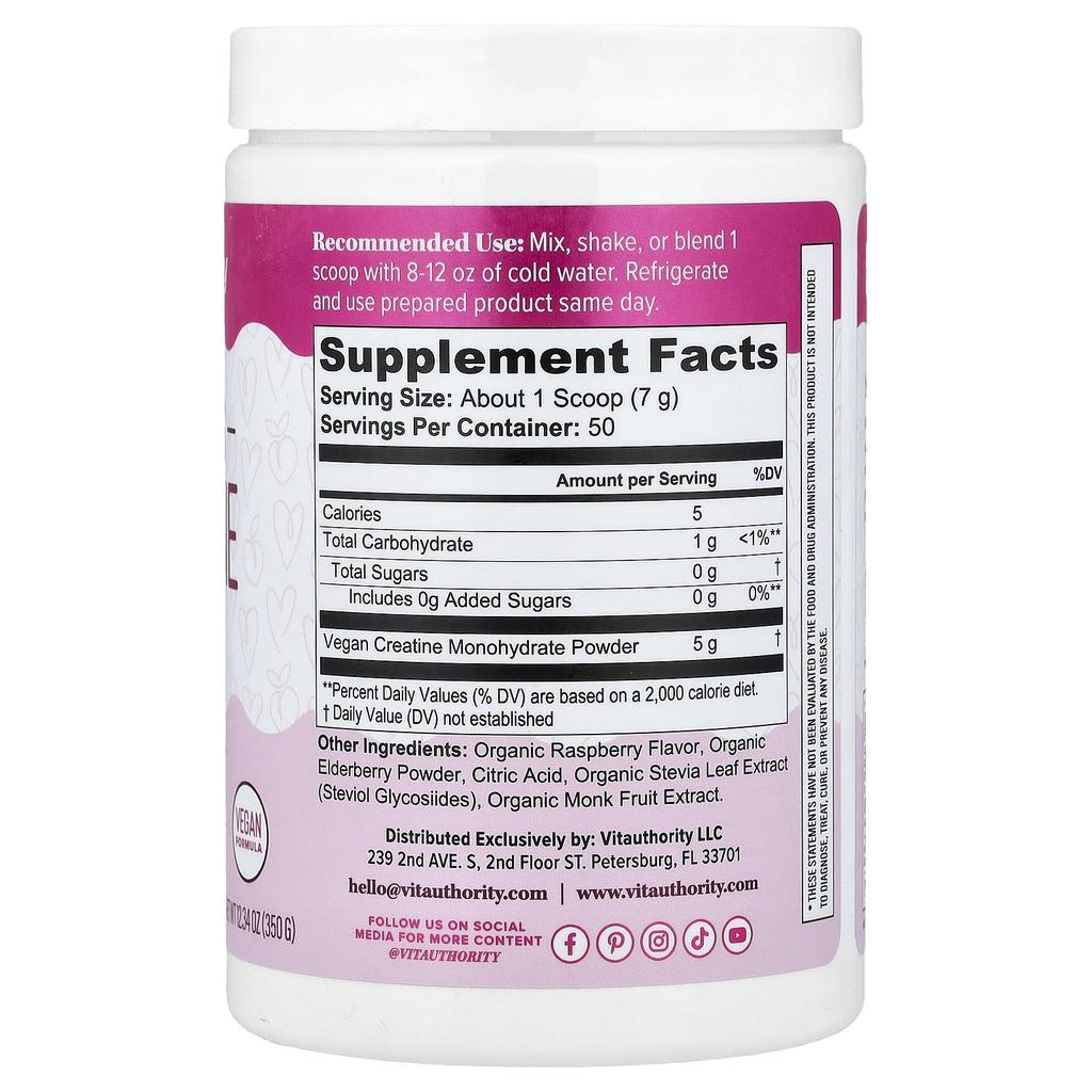Vitauthority, Active, Women's Creatine Monohydrate, Raspberry, 350g (12.34oz)