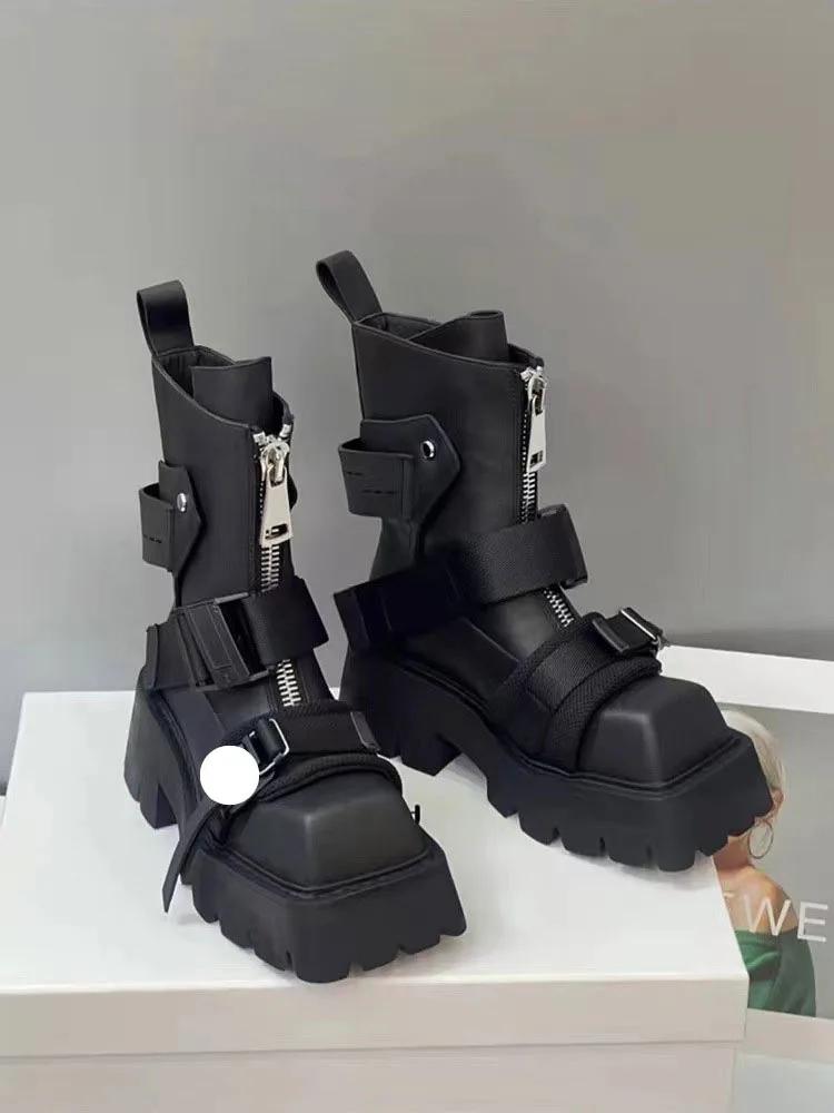2024 Европейский стиль квадратный носок толстый каблук мотоциклетные ботинки женские кожаные молния спереди короткий ремень пряжка модные ботинки челси