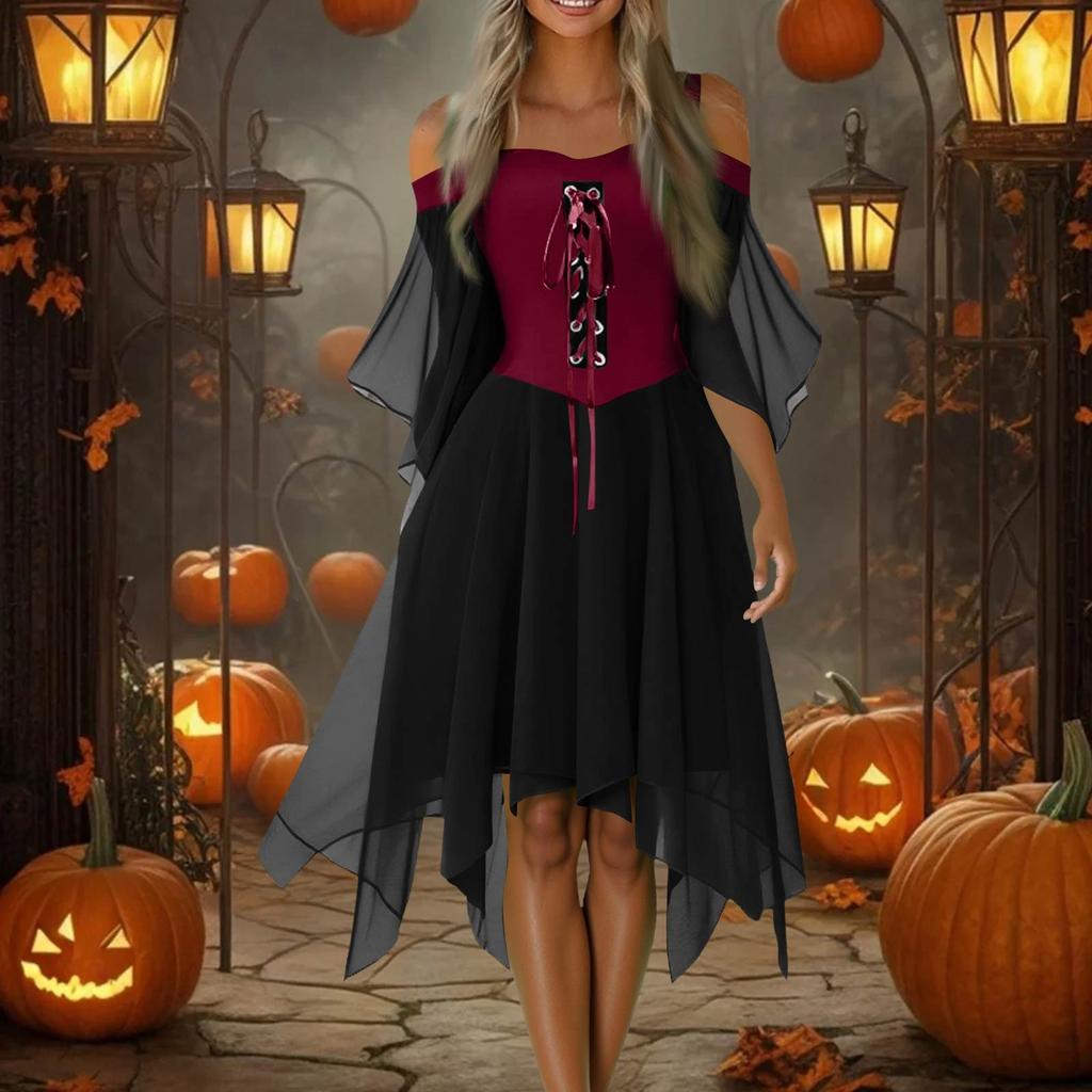 Women Casual Plus Size Cold Shoulder Dress Solid Color Chiffon Butterfly Sleeve Gothic Dress