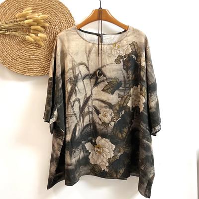 2025 Лето Новые Футболки Большие Размеры Свободные Свободные Футболки С Коротким Рукавом Цветочный Принт Льняные Топы Футболки