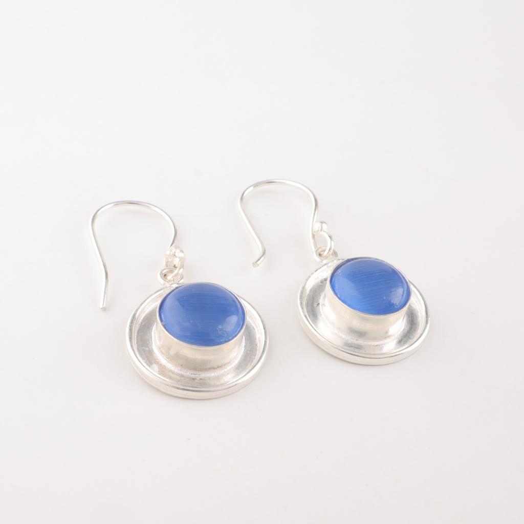 Dark Blue Cat's Eye Gemstone 925 Sterling Silver Jewelry Stylish Earrings 1.40" EE-4-44