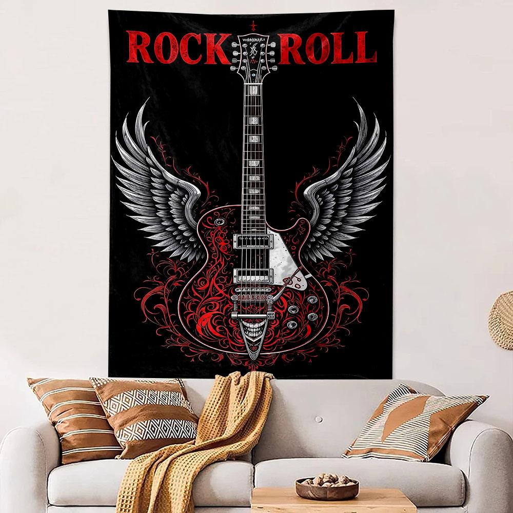 Rock and Roll Winged Electric Guitar Wall Tapestry Red Filigree Ornament Black Background Decor for Music Room Man Cave Gift