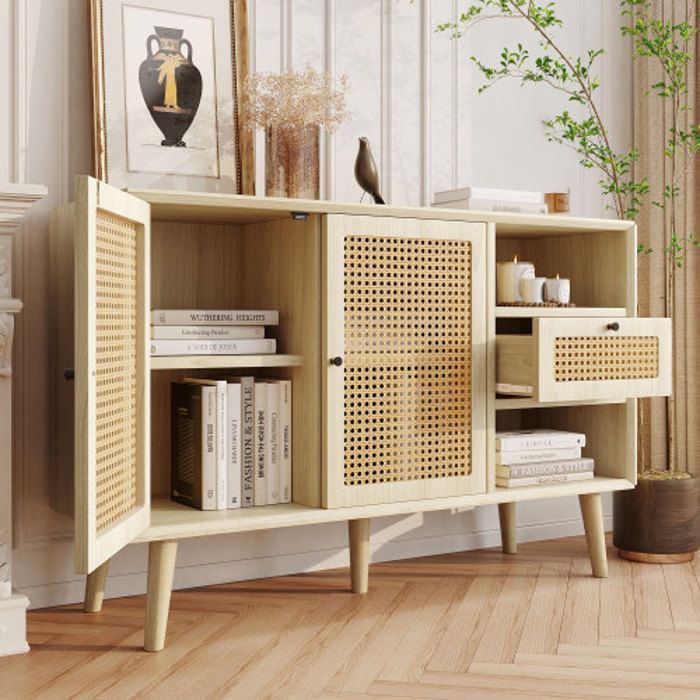 Buffet - MUVOE - Commode avec 1 tiroir et 2 portes - Tissu rotin - Chêne - FSC®