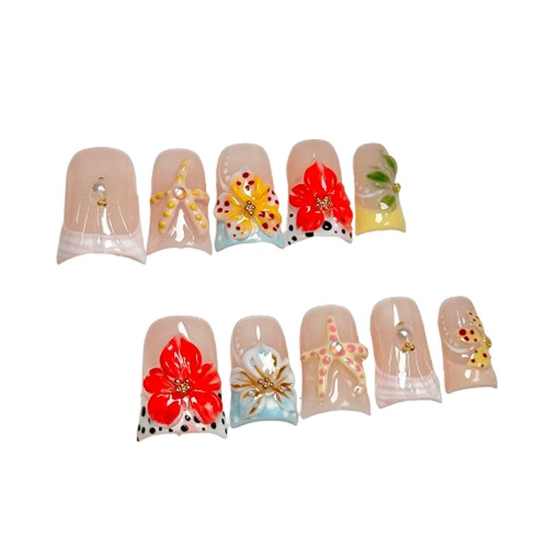 Original‑Design European‑American Ocean‑Vibe Pure‑Handmade Press‑On Nails 3D‑Engraved French False Nail Patches