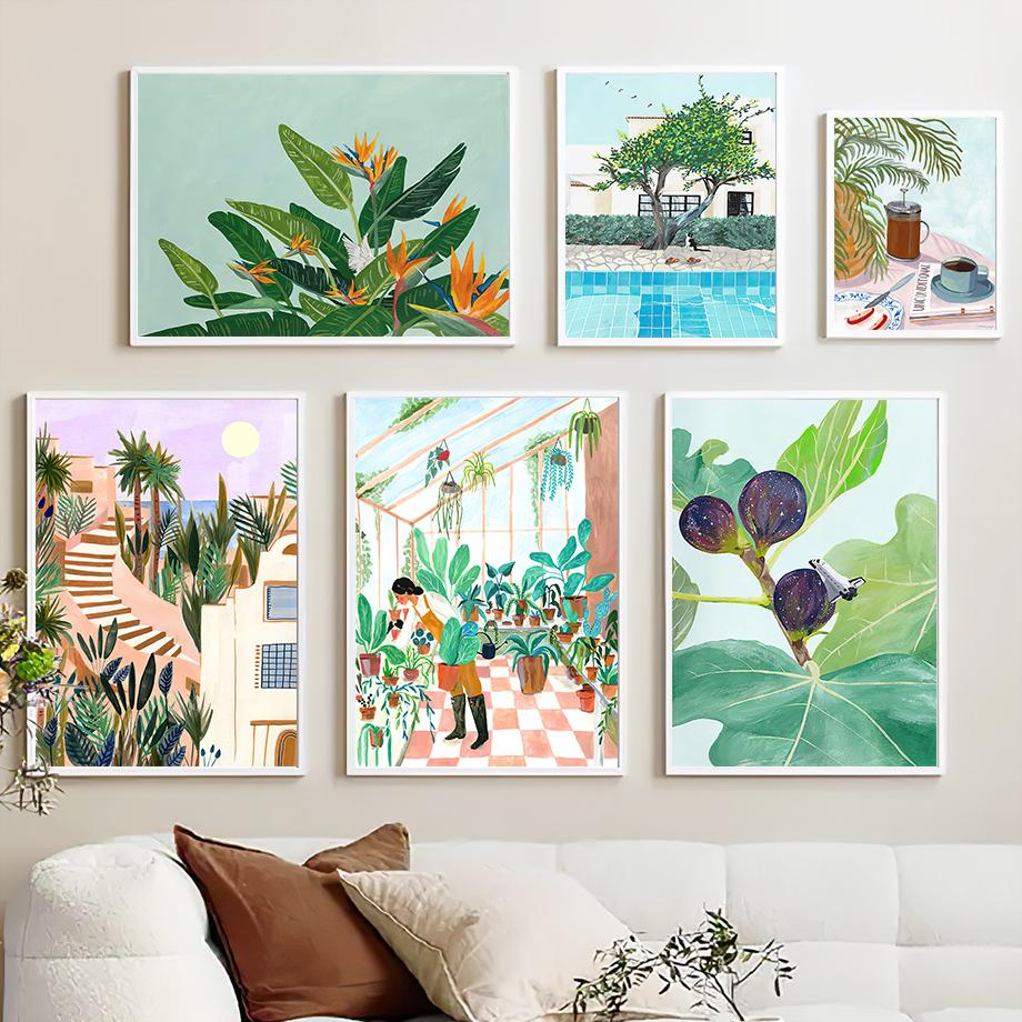 Путешествия Пейзаж Настенное Искусство Кофе Женщина Чтение Бассейн Лист Холст Картина ПостерыПечать Картины Для Гостиной Интерьер Комнаты Декор