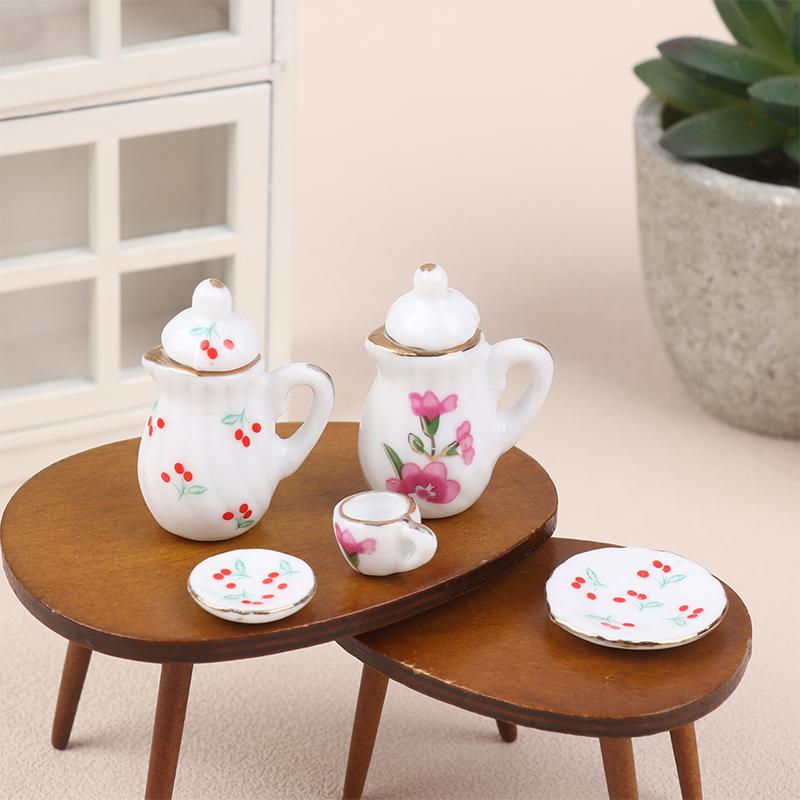 1Комплект 1:12 миниатюрных керамических чайных сервизов для кукольного домика, чашка, чайник, поднос, цветы, столовые приборы, кухонный декор, игрушечные аксессуары для кукольного домика