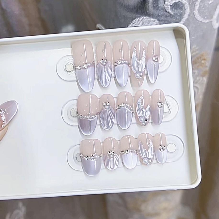 Сплетенная вручную броня, фиолетовая рыбья хвостовая часть, трехмерная ракушка, расписанная вручную, рыбий хвост, кошачий глаз, чистый темперамент, нейл-арт