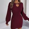 Осенне-зимнее женское платье-свитер с V-образным вырезом, однотонное, вязаное платье-бодикон с ажурными рукавами-фонариками
