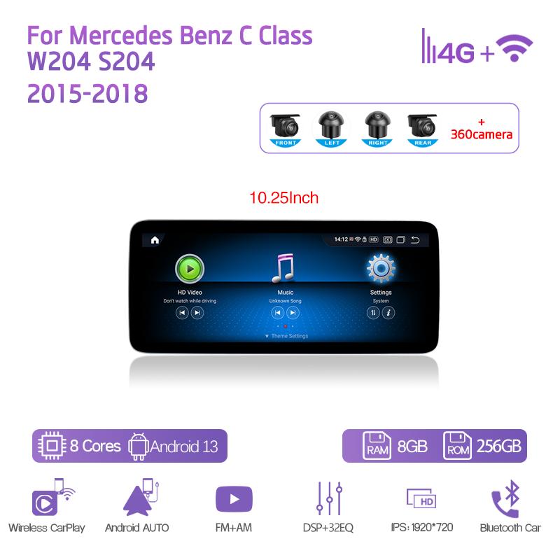 10.25/12.3" Android13 For Mercedes Benz C Class W204 S204 2015-2018 GPS Navigation CarPlay 4G 360Camera Car Multimedia Player