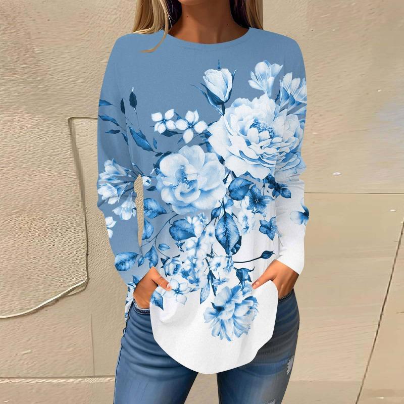 Повседневный топ с круглым вырезом и длинным рукавом, цветочная модная женская футболка большого размера с 3D-принтом, женские осенние свободные топы