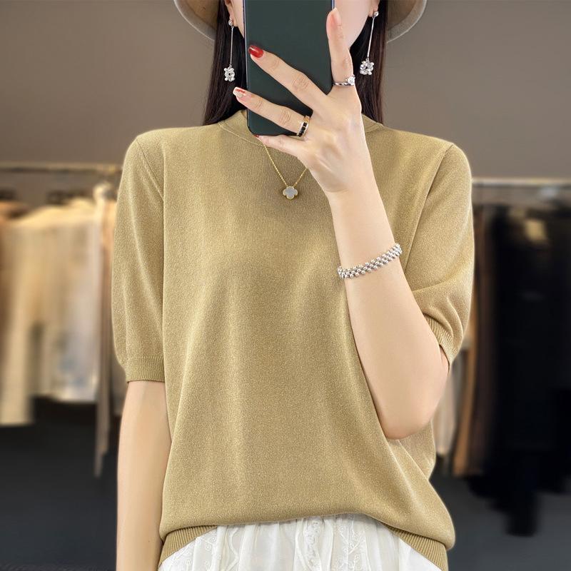 INDFS Women's Fashion Casual Summer Spring Solid Color Print Short Sleeve O-Neck Blouses & Shirts