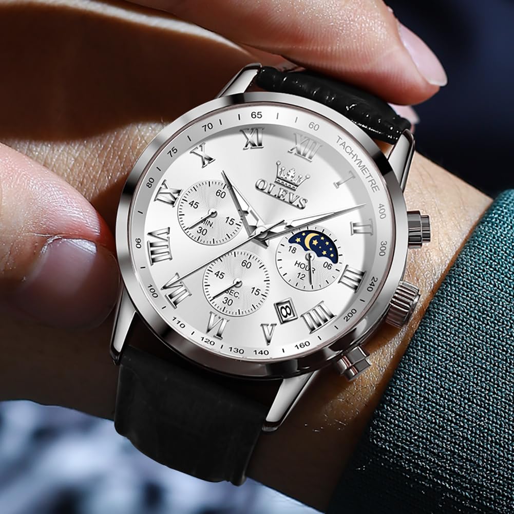 Часы Olevs Watch Chronograph Водонепроницаемые Светящиеся Часы Черный Кожаный Ремень Бизнес Кварцевые Наручные Часы Аналоговые Римские Цифры Легко читаемые Часы для Мужчин Дата