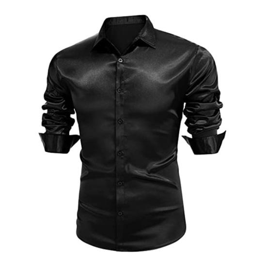 Мужская глянцевая рубашка однотонная с длинным рукавом деловая рубашка на пуговицах повседневная приталенная рубашка для выпускных вечеров свадеб