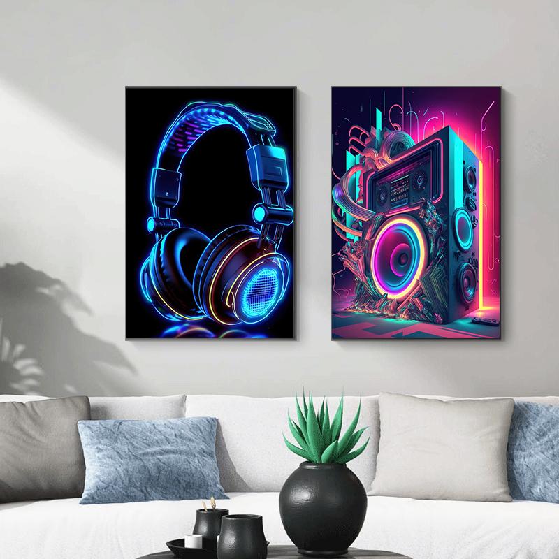 Горячая живая музыка Неоновые наушники DJ Постеры Красочный бумбокс Микрофон Принты для вечеринки Холст Картина Настенная картина Домашний декор для комнаты