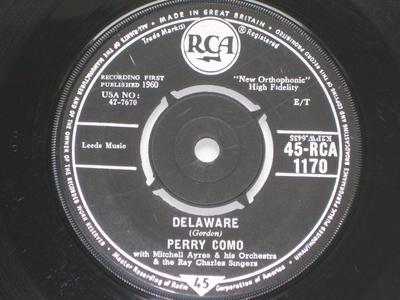 7-дюймовая пластинка ПЕРРИ КОМО - Делавэр 45RCA1170 RCA 1960 Великобритания Поп Б/У