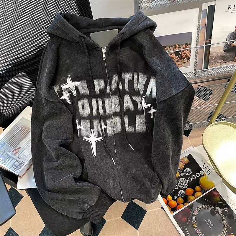 Sweatshirt Hooded Women Retro Trend Cardigan Loose Casual Letter Jacket Hooded Tops